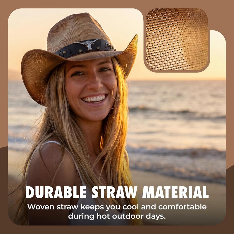 grinderPUNCH Western Outback Cowboy Hat Men's Women's Style Classic Straw Western Cowgirl Hat - Image 4
